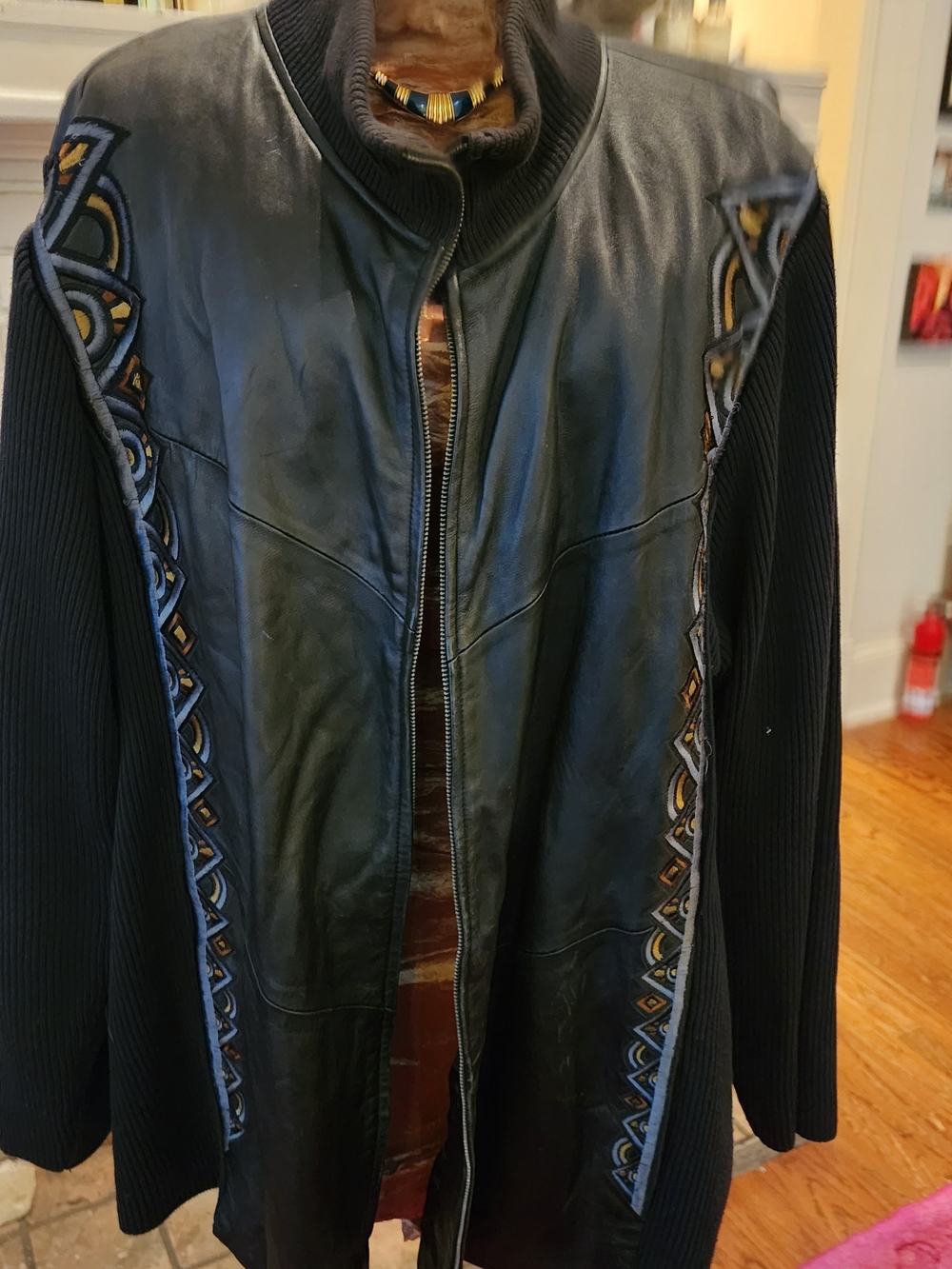 Bob Mackie Wearable Art Leather Embroidered Knit Jacket 3X